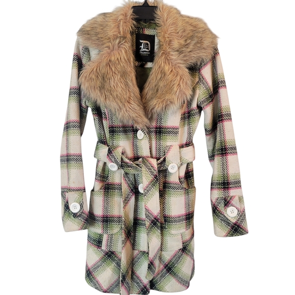 Dollhouse Jackets & Blazers - Y2K Dollhouse White Pink Green Plaid Faux Fur Collar Wool Pea Coat
